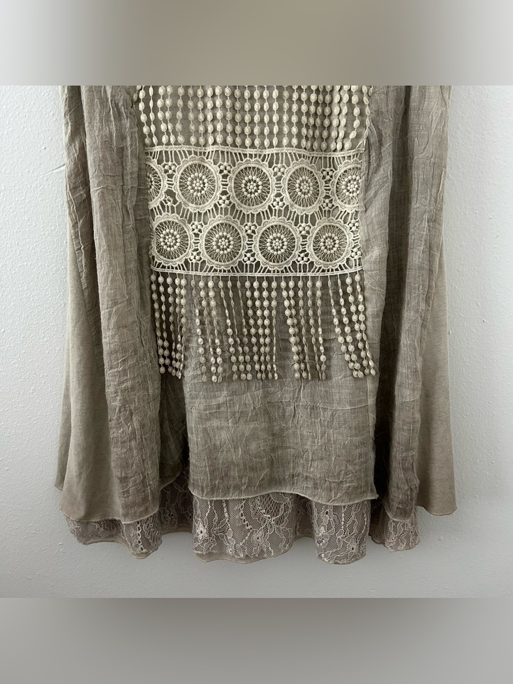 Pretty Angel Layered Tunic Top Dress L Boho Crochet Lace Fringe Artsy Linen Blen - Picture 3 of 11